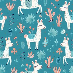 Cute al triples pattern with simple llama and cactus, turquoise background