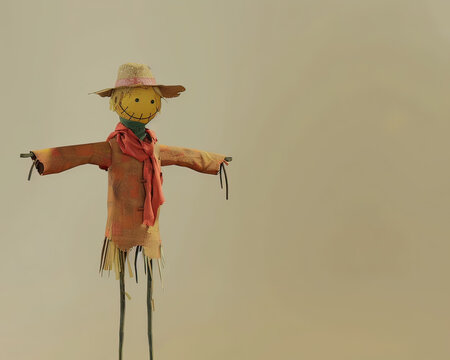 Minimalistic 3D model of a scarecrow, iconic farm figure, space for text