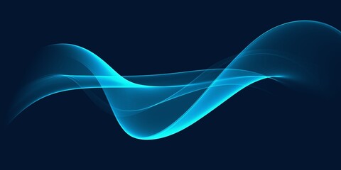 Abstract blue background with wave of flowing particles over dark, smooth curve shape lines