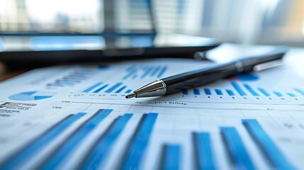 Business financial charts with a pen on a desk. Analytical accounting concept. Close-up view with copy space - obrazy, fototapety, plakaty