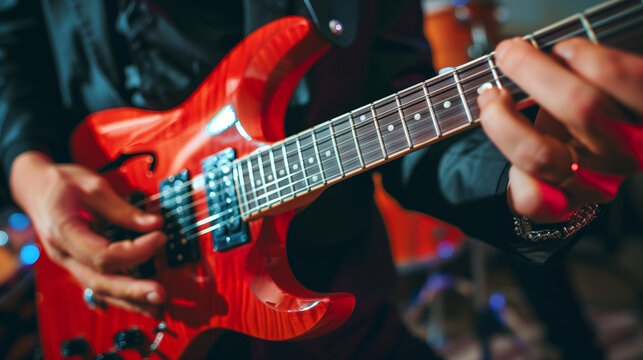 Dynamic image capturing a musician's hands playing a red electric guitar, set in a vibrant concert hall atmosphere
