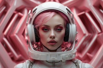 A woman in a white spacesuit with pink hair and red lipstick
