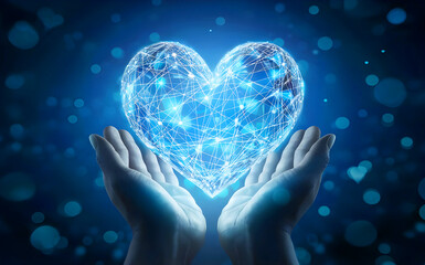 Blue Heart Shape Network in Hands - health data - information exchange - data visualization - love as virtual gift - generative ai
