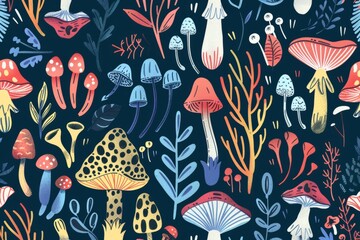 Cartoon cute doodles of a whimsical forest pattern filled with colorful mushrooms, woodland creatures, and enchanted trees, Generative AI