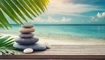 Zen Oasis: Beachside Stack of Pebble Stones on Wooden Platform with Palm Leaves - Relaxation Haven