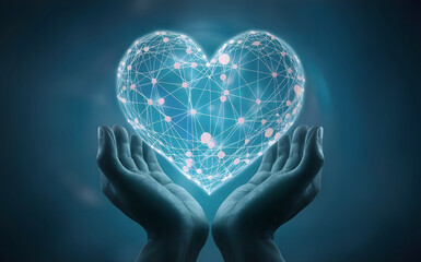 Blue Heart Shape Network in Hands - health data - information exchange - data visualization - love as virtual gift - generative ai