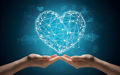 Blue Heart Shape Network in Hands - health data - information exchange - data visualization - love as virtual gift - generative ai