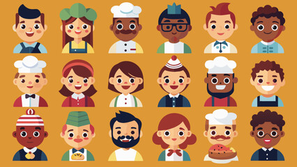 Set Of Colorful Diverse Baker Icons, Baker People Diversity in Vibrant Vector Icon