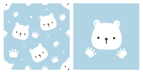 Seamless pattern with white bear and paw print on blue backgrounds vector. Cute childish print.
