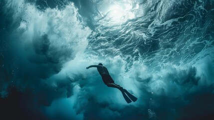 Free diver swimming underwater with flippers in the deep sea with dynamic light rays and bubbles - obrazy, fototapety, plakaty