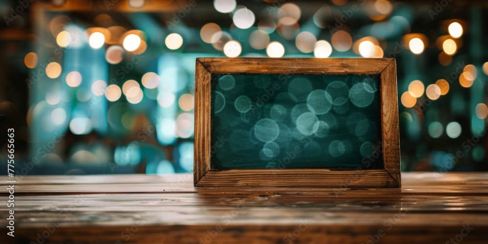 Poster a black picture frame rests on top of a wooden table, creating a simple and classic display