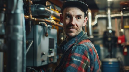 Fototapeta na wymiar Friendly plumber at work in boiler room. Portrait with confident smile. Professional service concept