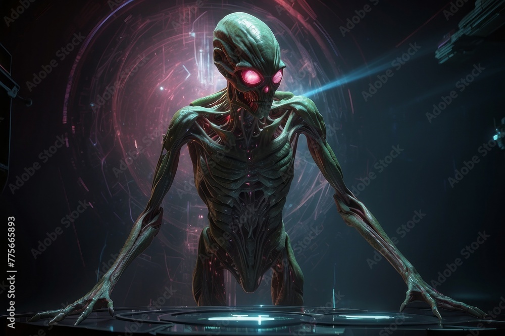 Poster a green alien with red eyes stands in front of a glowing circle