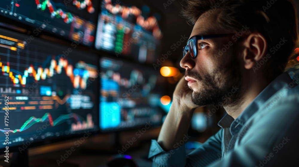 Poster a man in glasses focuses on a computer screen, a financial analyst monitoring data