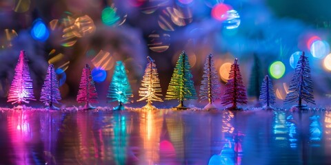 Several brightly colored Christmas trees are arranged on a table, each adorned with festive lights and decorations