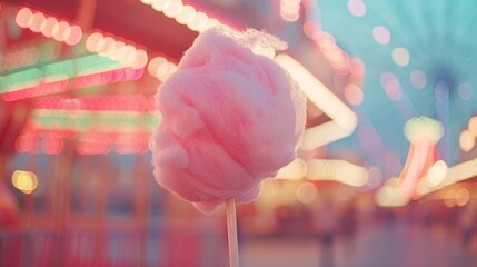 A close-up view of fluffy pink cotton candy on a stick, showcasing its vibrant color and fluffy texture