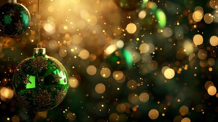 A green Christmas ornament is hanging from a string in a festive setting - obrazy, fototapety, plakaty