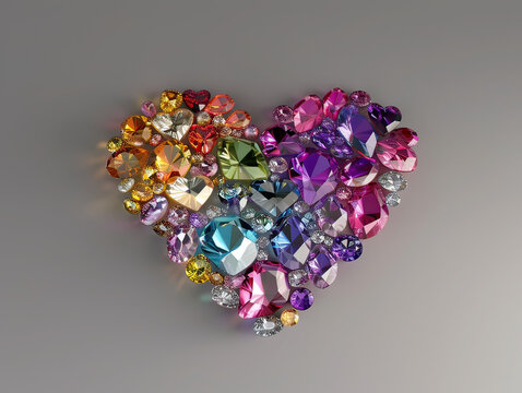 Assorted gemstones forming a heart, 3D rendered with sparkling detail, romance in jewels