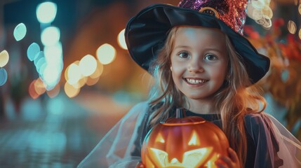 A young girl dressed as a witch holding a pumpkin in her hands - obrazy, fototapety, plakaty