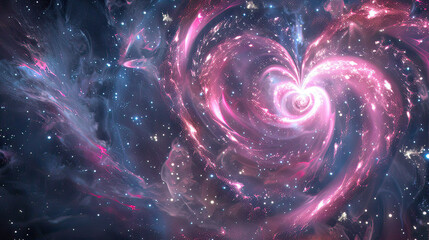 Heart-shaped galaxy, stars swirling, 3D render, universal love
