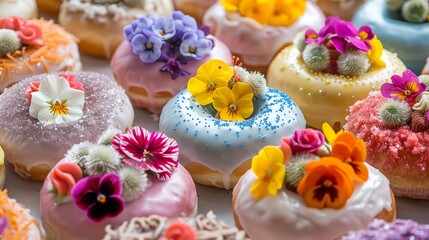 Obraz na płótnie Canvas Assorted donuts with colorful icing and flower toppings. Food photography for design and print. Springtime sweet treats concept