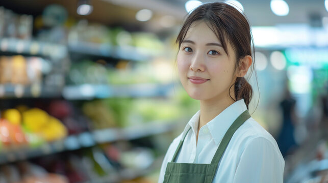 スーパーマーケットの生鮮食品売り場で働く女性が白いシャツと緑のエプロンを身に付け微笑んでいる