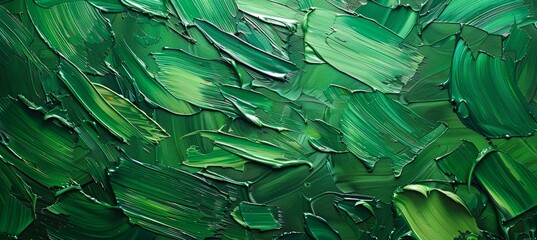 Close up of green oil paint brush strokes texture background