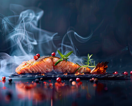 Grilled salmon fillet with herbs, smoke rising, twilight backdrop for text