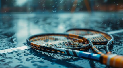 Wet tennis rackets lying on a hard court during rainfall. Macro shot with water droplets and selective focus - obrazy, fototapety, plakaty