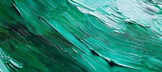 Close up of green oil paint brush strokes texture background
