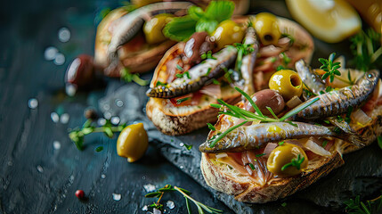 Anchovies and olives on toast, Spanish tapas style, evening ambiance for text