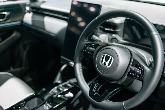 Interior of a Honda e:N1 steering wheel and dashboard. Honda e:N1 EV car from Japanese Company.