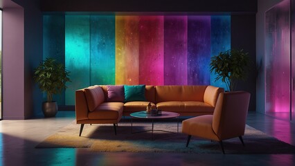 modern vibrant living room with purple sofa