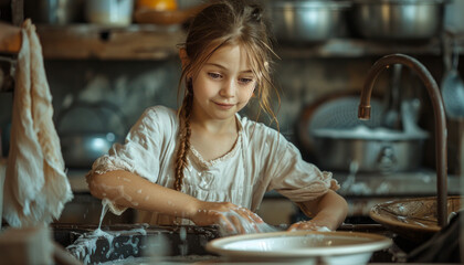 a girl 8 years old washing dishes,generative ai