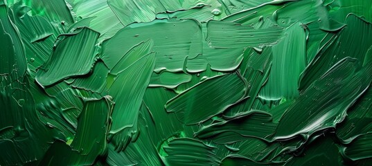 Close up of green oil paint brush strokes texture background