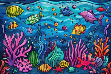 Naklejka premium Cartoon cute doodles of a whimsical underwater scene with colorful fish, corals, and seashells dancing in harmony, Generative AI