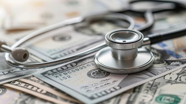Stethoscope on US dollar bills. Healthcare costs, insurance, and financial concept for banner, website, poster.