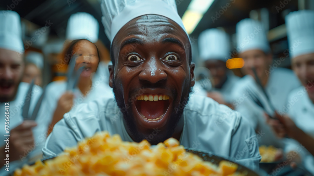Poster group of factory workers sitting in a breakroom with forks and knives banging on tables yelling for 