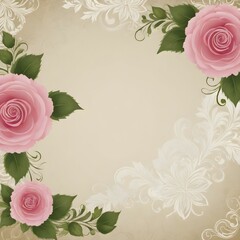tan and white floral background with pink roses green leaves copy space