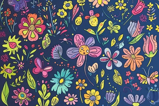 Cartoon cute doodles of vibrant floral patterns blooming with smiling flowers, butterflies, and ladybugs, Generative AI