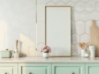 Mockup of a modern blank poster frame on a kitchen counter with hexagon tiles