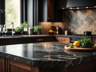 Black marble countertop with gold veining in a modern kitchen. The polished and reflective countertop - obrazy, fototapety, plakaty