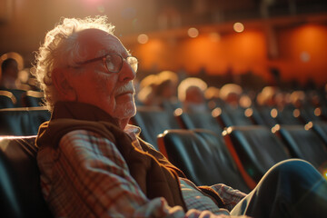 A person attending a seminar on retirement withdrawal strategies. Elderly man enjoying entertainment at performing arts center