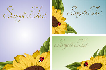 Illustrations with sunflowers and ladybugs.Yellow sunflowers in a set of postcards with text.