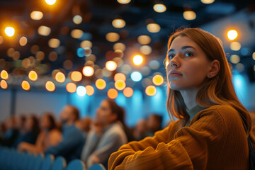 A person attending a seminar on venture capital investing and startup funding. A woman is sitting in a theater watching a movie