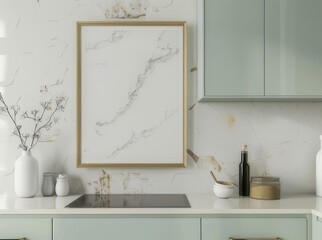 Mockup of a modern blank poster frame on a kitchen counter with hexagon tiles