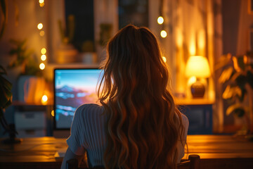A person attending a webinar on sustainable investing and ESG criteria. A woman is sitting at a desk using a laptop computer at night - Powered by Adobe