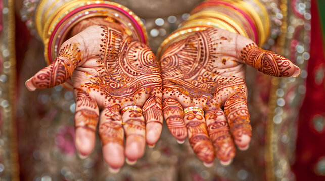 Close-up of an Indian bride's hands with intricate henna design and traditional bangles
