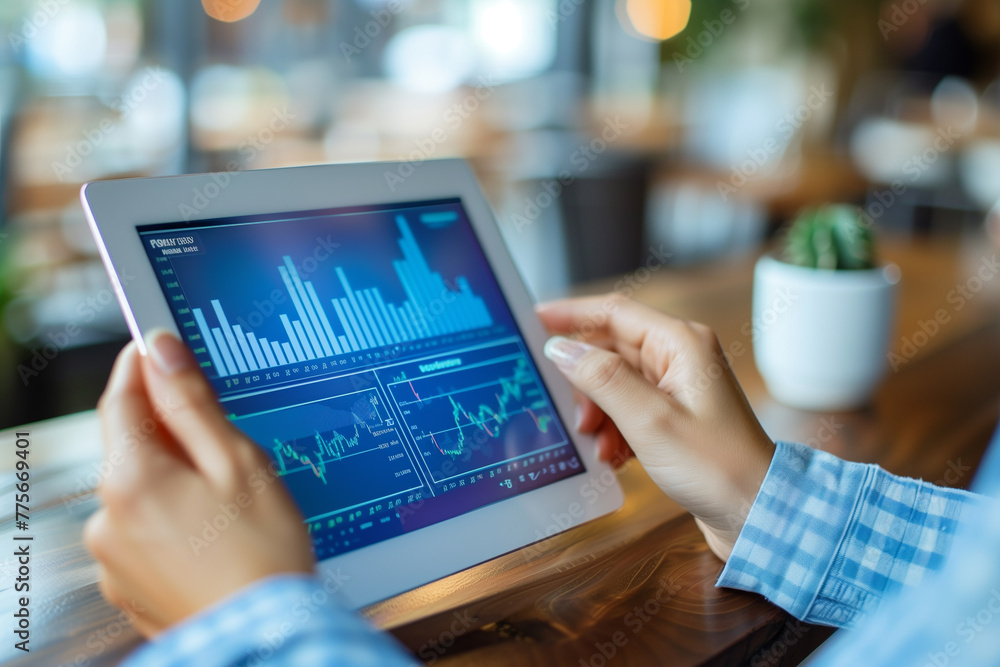 Poster a person researching stocks and market trends on a tablet device. a person is holding a tablet compu
