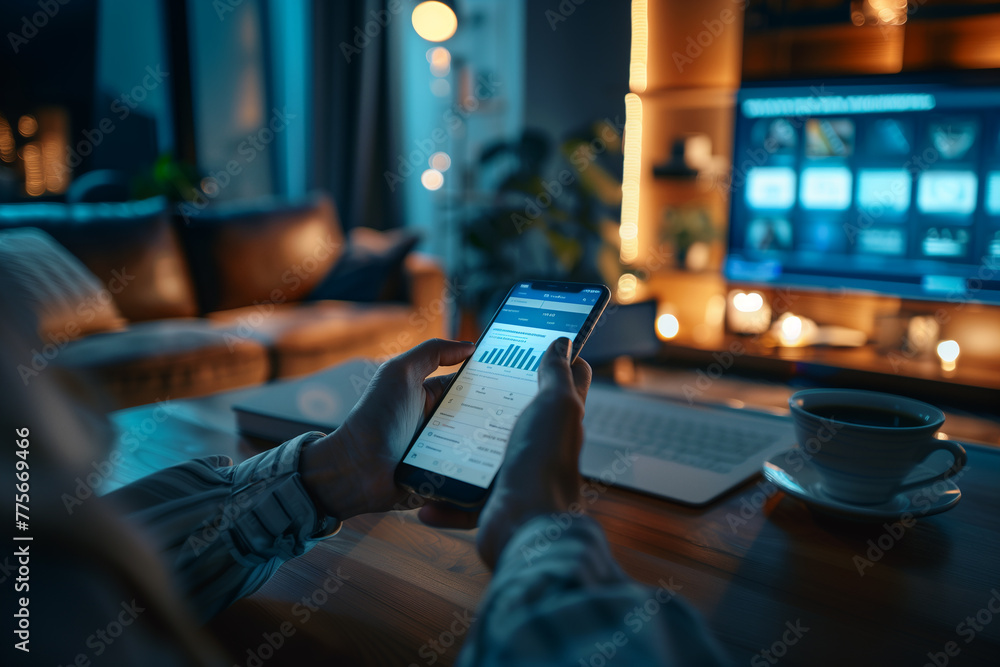 Poster a person using a mobile banking app to manage their finances on the go. a person is sitting at a tab